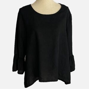 Bryn Walker Tunic Top Size XL Black Linen Round Neckline Ruffle Sleeve Lagenlook